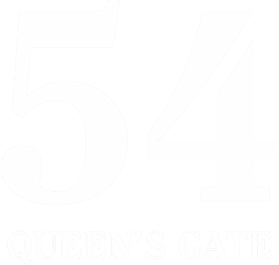 54 Queen's Gate text logo in white on a transparent background.